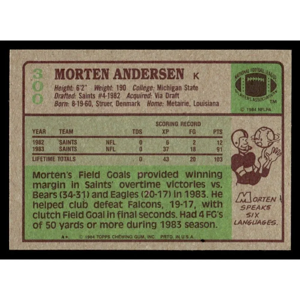 1984 Topps #300 Morten Andersen Rookie Card  New Orleans Saints